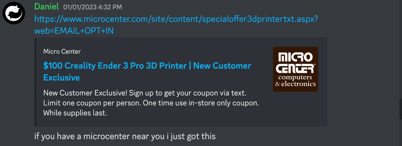 Discord message with a 3D printer coupon code