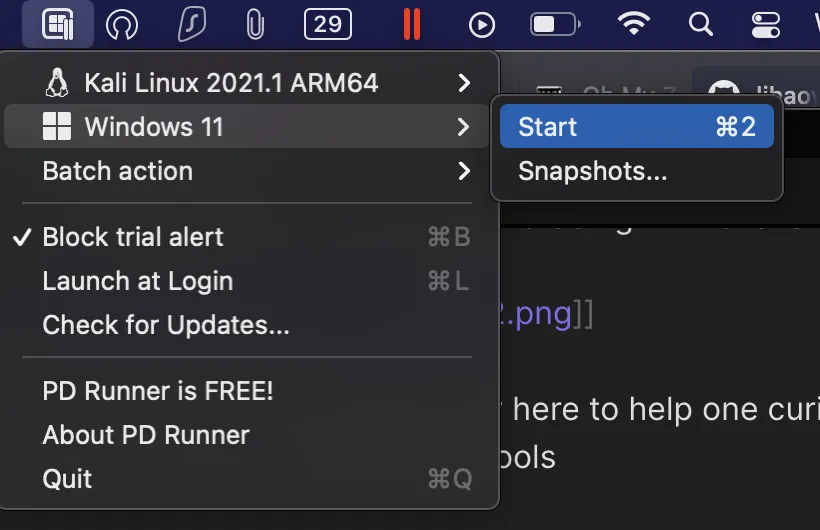 PD Runner menu bar
