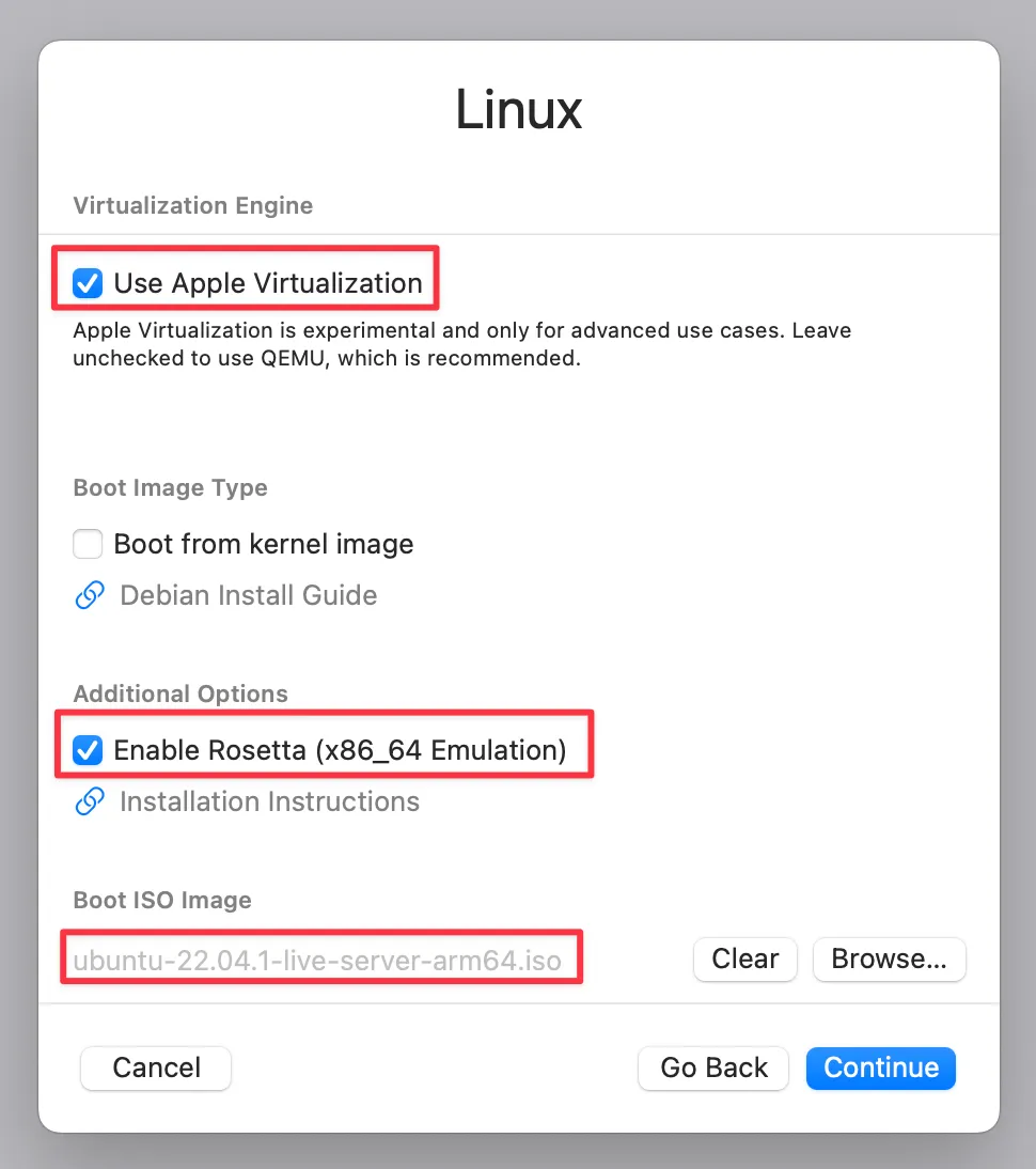 UTM Apple virtualization and Rosetta settings
