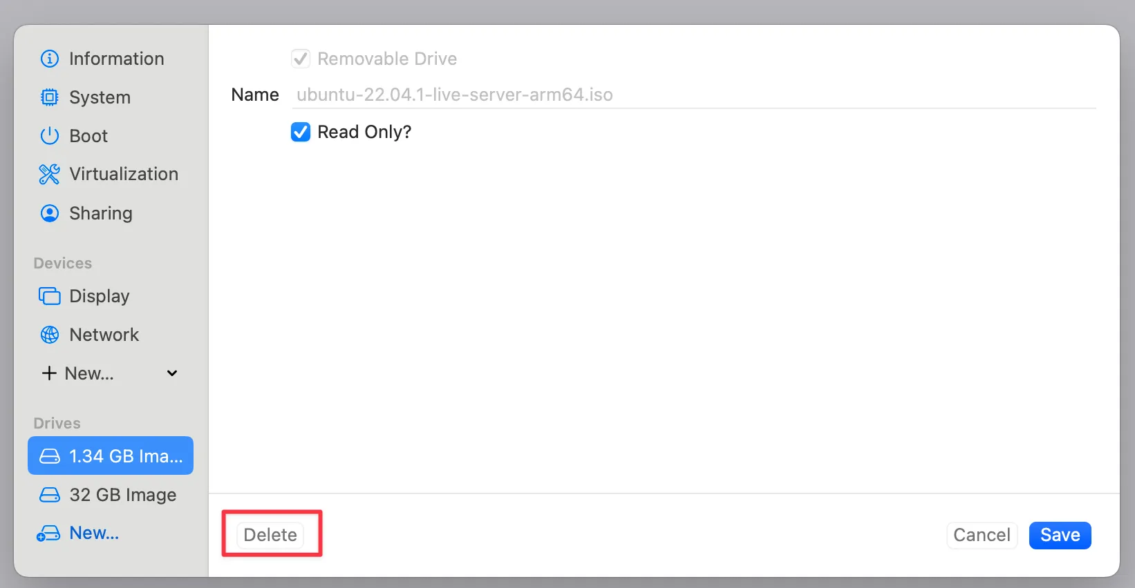 UTM ISO drive removal screen
